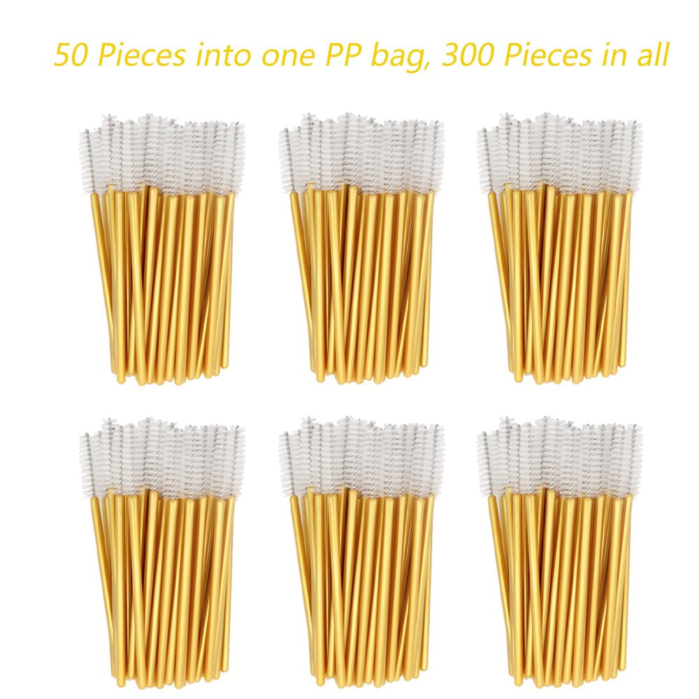 300 Pcs Disposable Mascara Wands Brushes Eyelash Extensions Eye Lash Wand Makeup Applicators Tool, Gold/White