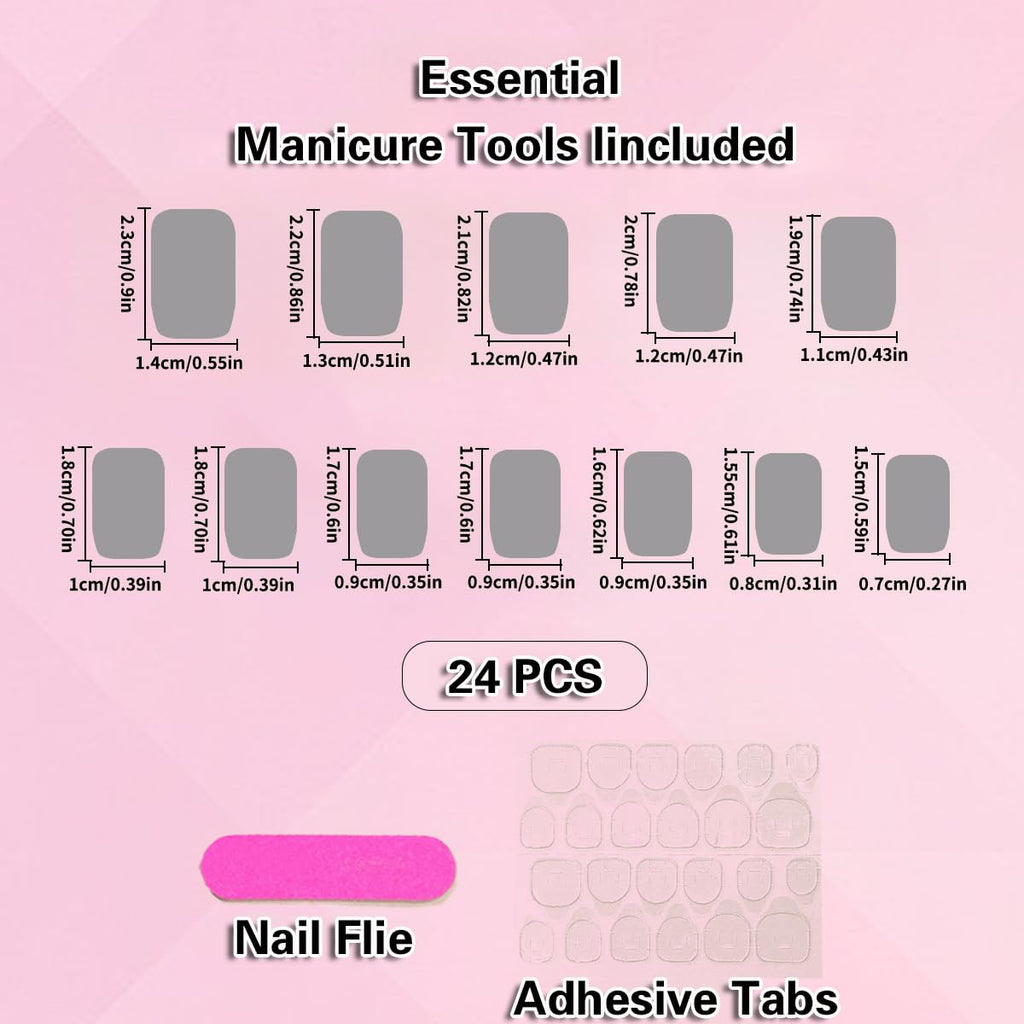 French Tip Press on Nails - Square Medium Long Brown Pink Heart Rhinestone False Nails - Women'S Glue on Acrylic Gel Stick on Glitter Fantasy Wedding Birthday