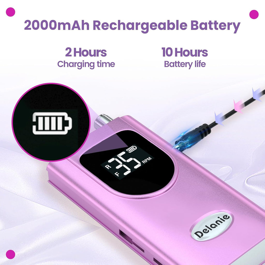 Professional Nail Drill Machine 35000 RPM, Portable Nail Drill for Acrylic Nail Gel Nail, Rechargeable Electric Nail File Efile Nail Drill, Home and Salon Use Nail Tool (Purple)